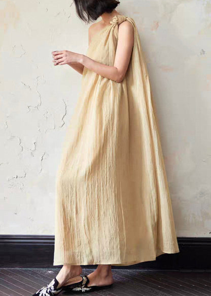 Loose Yellow Cold Shoulder Solid Linen Long Dress Sleeveless