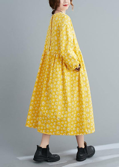 Loose Yellow Floral O Neck Cinched Art Spring Dresses - SooLinen