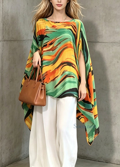 Loose Yellow Green Print Asymmetrical Chiffon Shirt Tops Batwing Sleeve