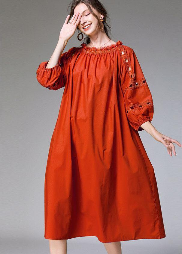 Loose Yellow Hollow Out Embroideried Fall Cotton Half Sleeve Dress - SooLinen