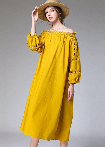 Loose Yellow Hollow Out Embroideried Fall Cotton Half Sleeve Dress - SooLinen
