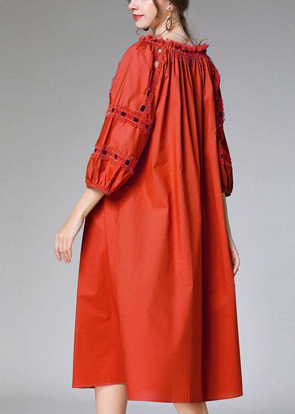 Loose Yellow Hollow Out Embroideried Fall Cotton Half Sleeve Dress - SooLinen