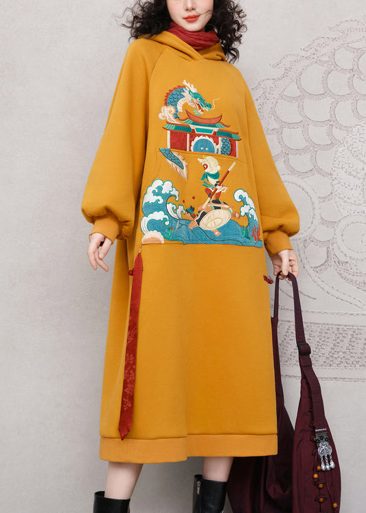 Loose Yellow Hooded Embroidered Warm Fleece Long Dress Winter