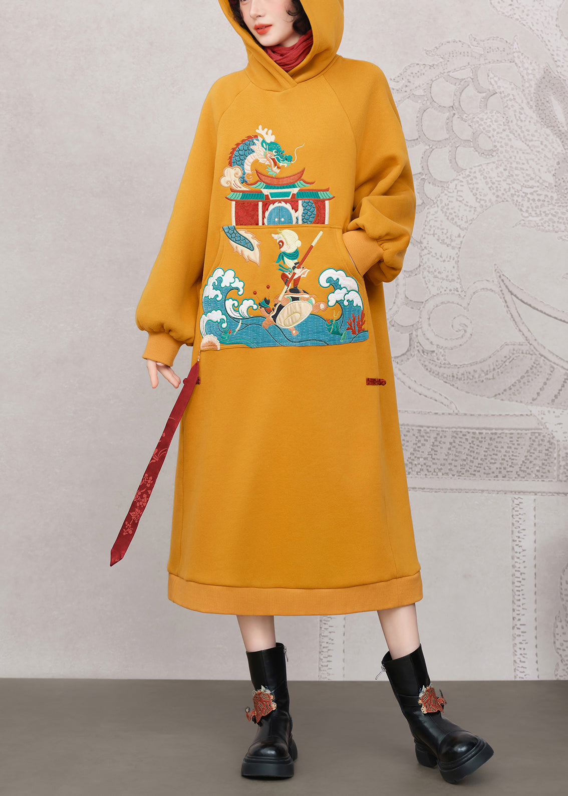 Loose Yellow Hooded Embroidered Warm Fleece Long Dress Winter