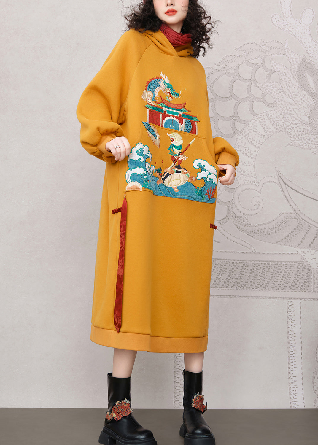 Loose Yellow Hooded Embroidered Warm Fleece Long Dress Winter