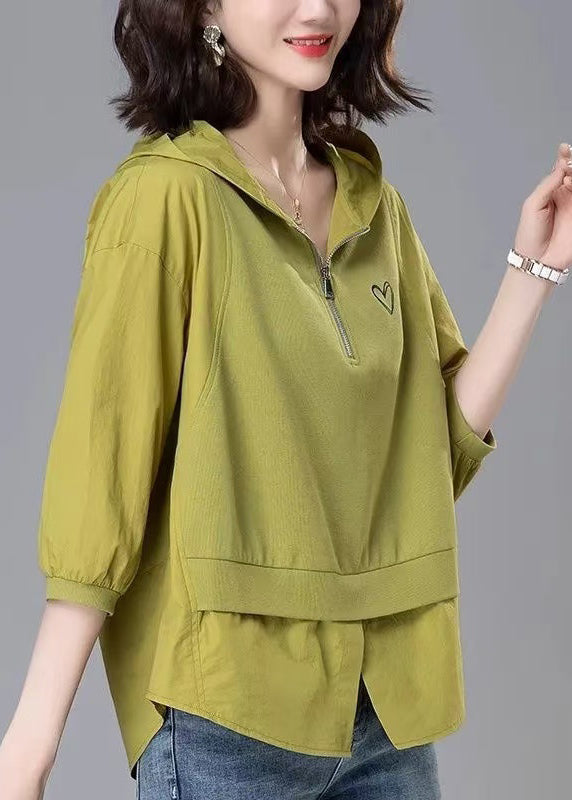 Loose Yellow Hooded Zippered Patchwork Cotton Tops Summer