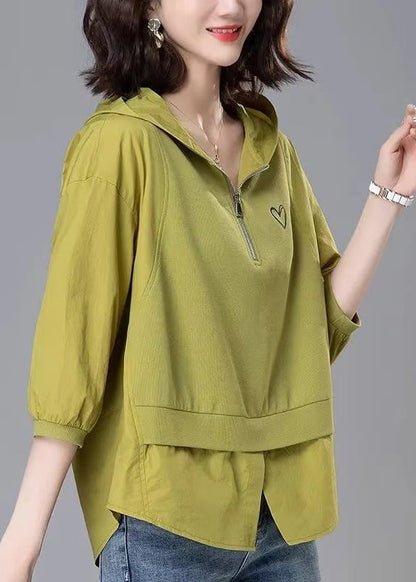 Loose Yellow Hooded Zippered Patchwork Cotton Tops Summer