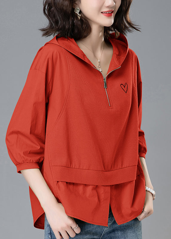 Loose Yellow Hooded Zippered Patchwork Cotton Tops Summer