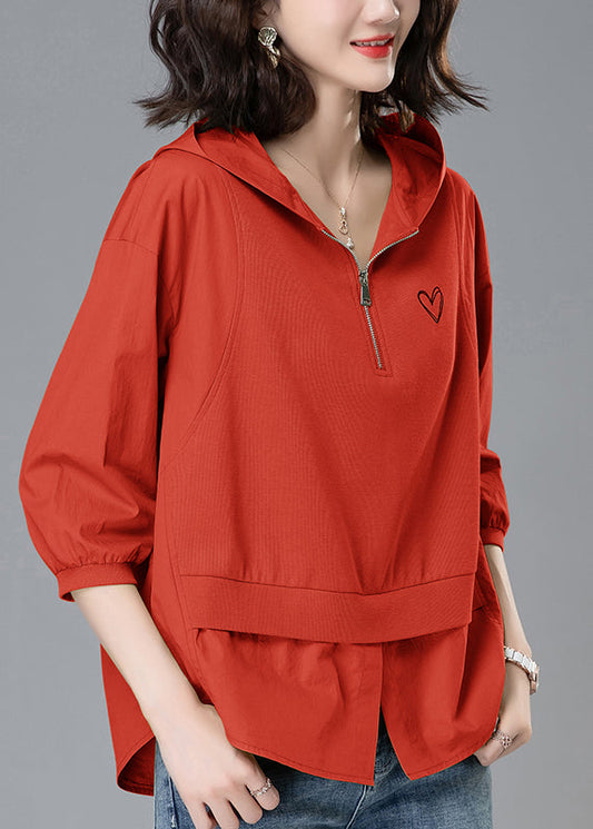 Loose Yellow Hooded Zippered Patchwork Cotton Tops Summer