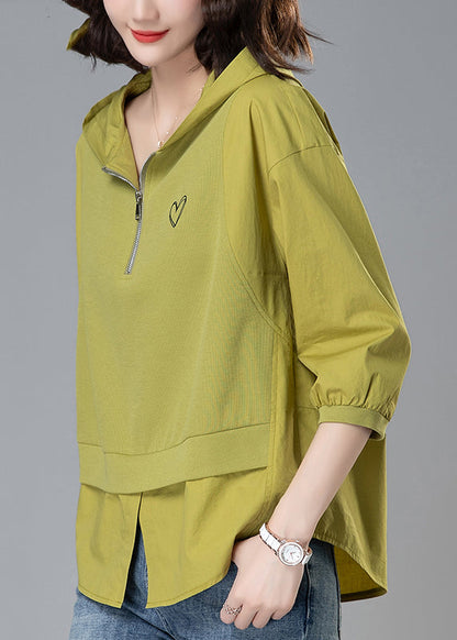 Loose Yellow Hooded Zippered Patchwork Cotton Tops Summer