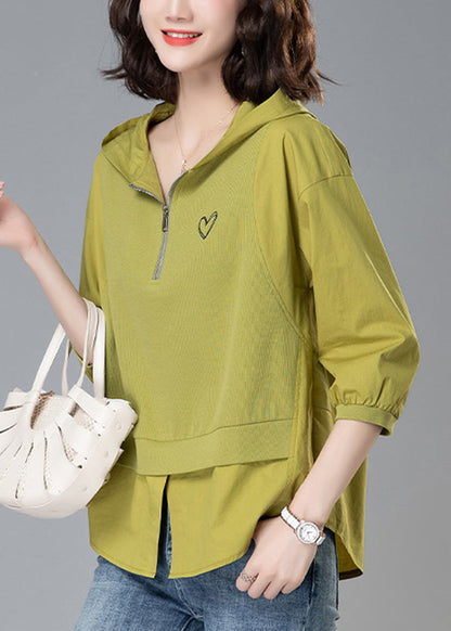 Loose Yellow Hooded Zippered Patchwork Cotton Tops Summer