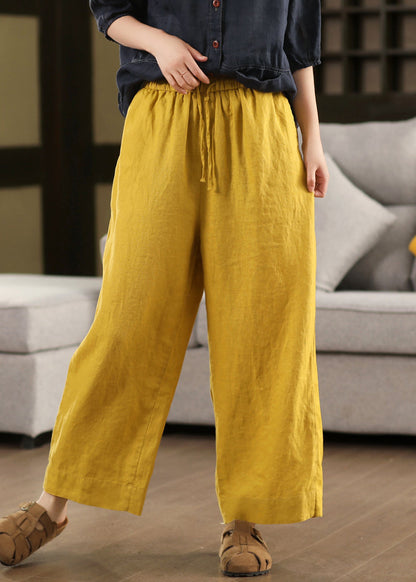 Loose Yellow Lace Up Elastic Waist Linen Crop Pants Summer