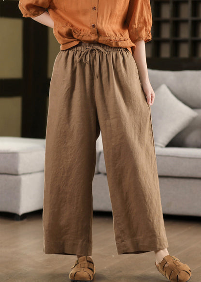 Loose Yellow Lace Up Elastic Waist Linen Crop Pants Summer