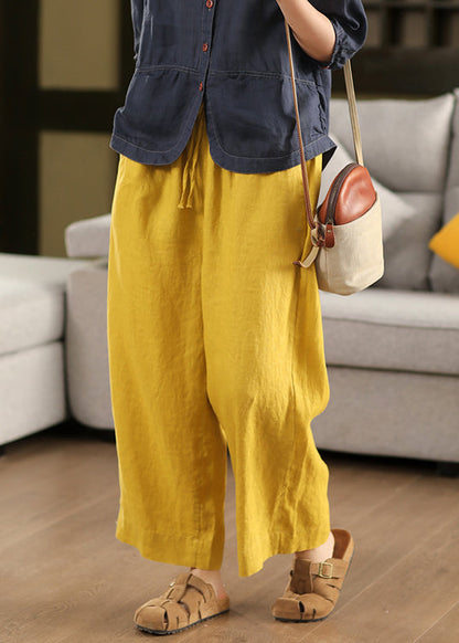 Loose Yellow Lace Up Elastic Waist Linen Crop Pants Summer