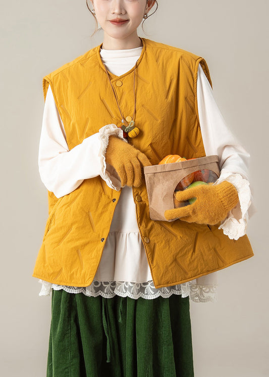 Lockere gelbe Weste mit Rundhalsausschnitt, Knopfleiste und Baumwollfüllung für den Winter