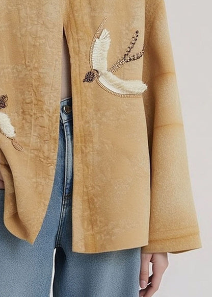 Locker geschnittene gelbe Baumwollmäntel mit Rundhalsausschnitt und Stickerei für den Herbst