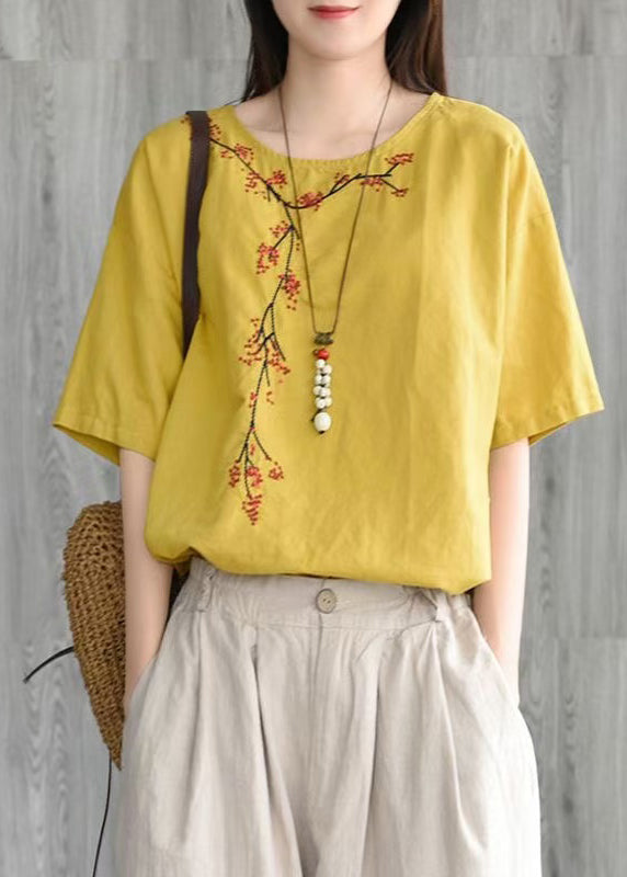 Loose Yellow O Neck Embroidered Cotton T Shirt Tops Summer