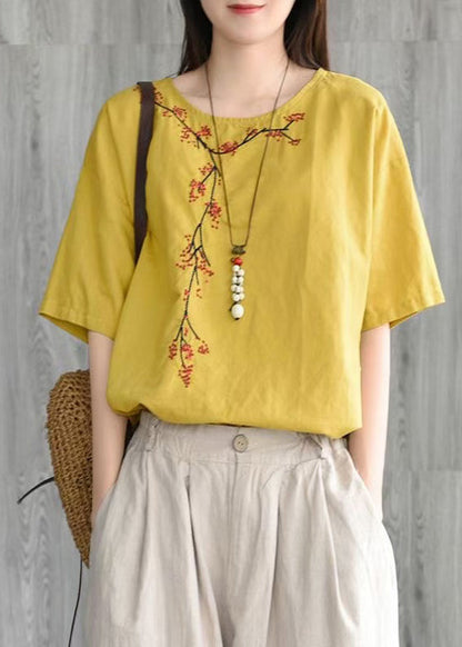 Loose Yellow O Neck Embroidered Cotton T Shirt Tops Summer