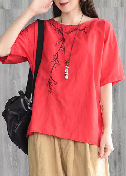 Loose Yellow O Neck Embroidered Cotton T Shirt Tops Summer