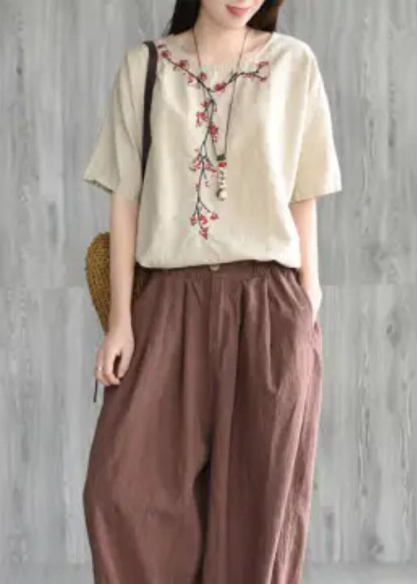 Loose Yellow O Neck Embroidered Cotton T Shirt Tops Summer