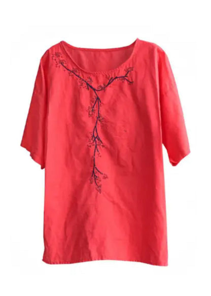 Loose Yellow O Neck Embroidered Cotton T Shirt Tops Summer