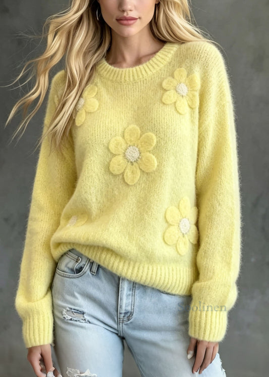 Loose Yellow O Neck Floral Thick Cozy Knit Sweaters Fall