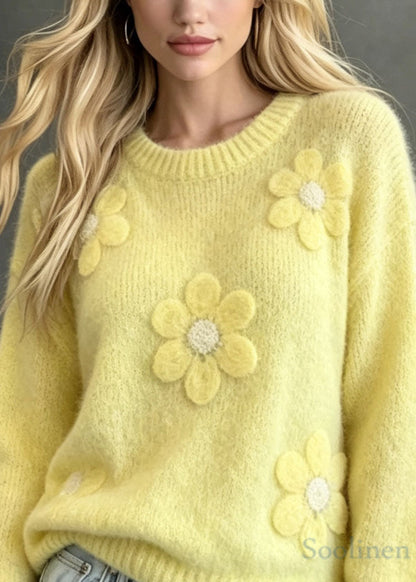 Loose Yellow O Neck Floral Thick Cozy Knit Sweaters Fall