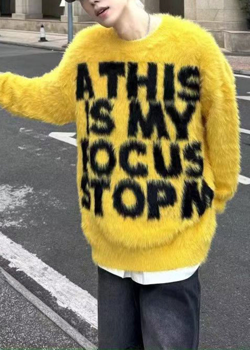 Loose Yellow O Neck Letter Mink Hair Knitted Men Sweaters Winter