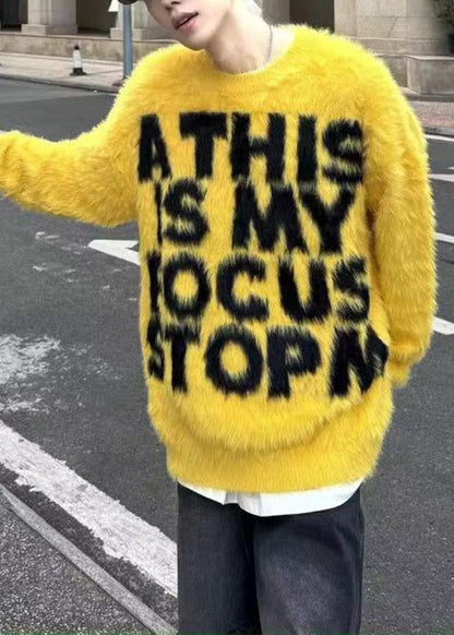 Loose Yellow O Neck Letter Mink Hair Knitted Men Sweaters Winter