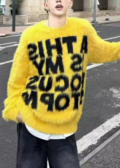 Loose Yellow O Neck Letter Mink Hair Knitted Men Sweaters Winter