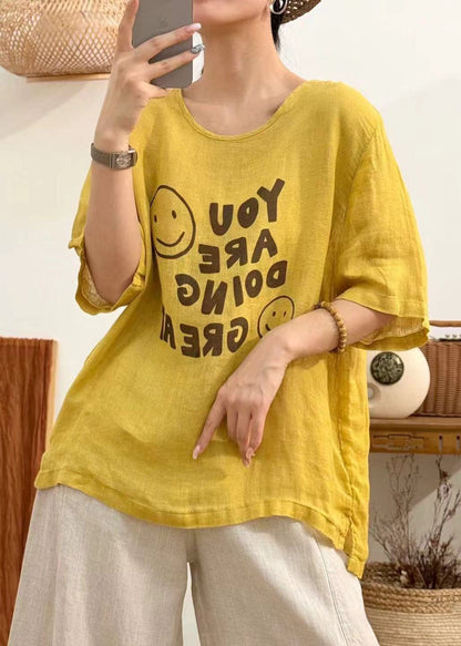 Loose Yellow O Neck Print Linen Blouses Half Sleeve