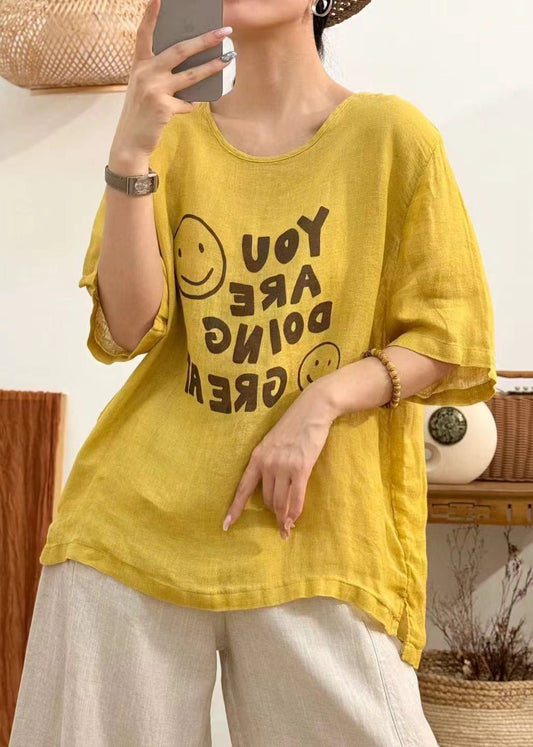 Loose Yellow O Neck Print Linen Blouses Half Sleeve