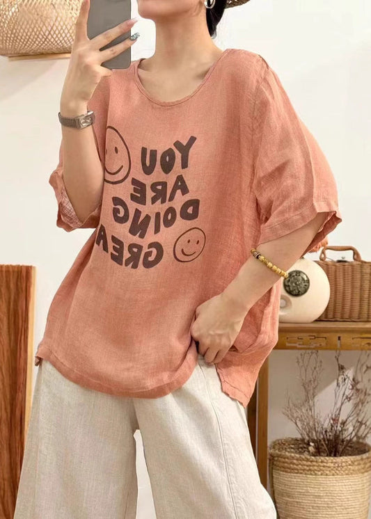 Loose Yellow O Neck Print Linen Blouses Half Sleeve