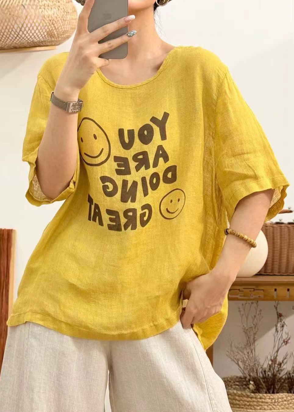 Loose Yellow O Neck Print Linen Blouses Half Sleeve