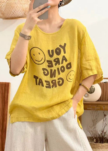 Loose Yellow O Neck Print Linen Blouses Half Sleeve