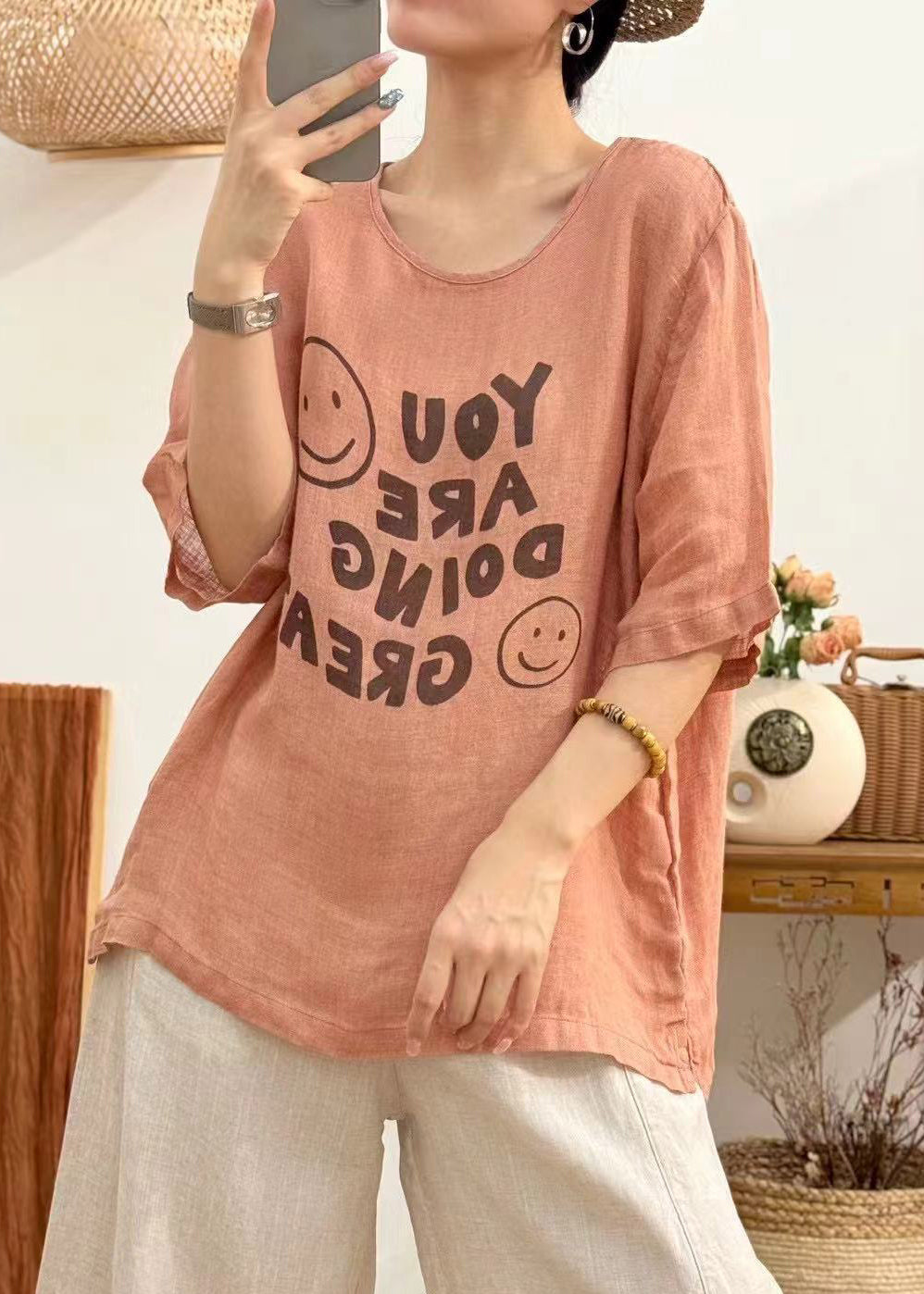 Loose Yellow O Neck Print Linen Blouses Half Sleeve