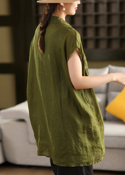 Loose Yellow Peter Pan Collar Button Pockets Cotton Shirt Summer