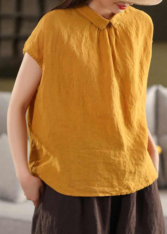 Loose Yellow Peter Pan Collar Button Solid Linen Shirt Summer