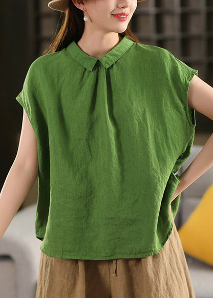 Loose Yellow Peter Pan Collar Button Solid Linen Shirt Summer