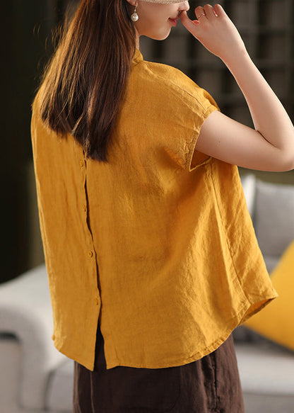 Loose Yellow Peter Pan Collar Button Solid Linen Shirt Summer