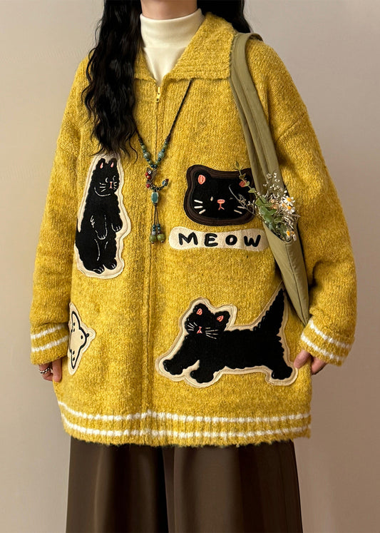 Loose Yellow Peter Pan Collar Zippered Applique Knit Coats Spring