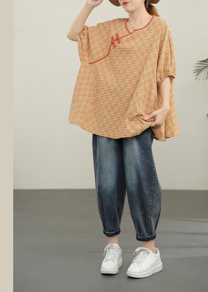 Loose Yellow Plaid Oriental Cotton Summer Tops - SooLinen