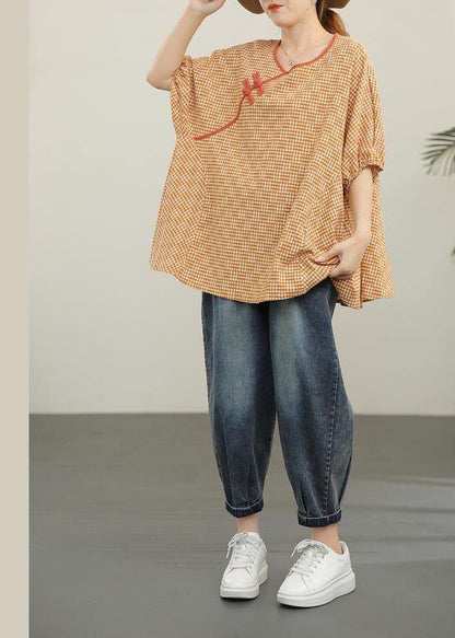 Loose Yellow Plaid Oriental Cotton Summer Tops - SooLinen