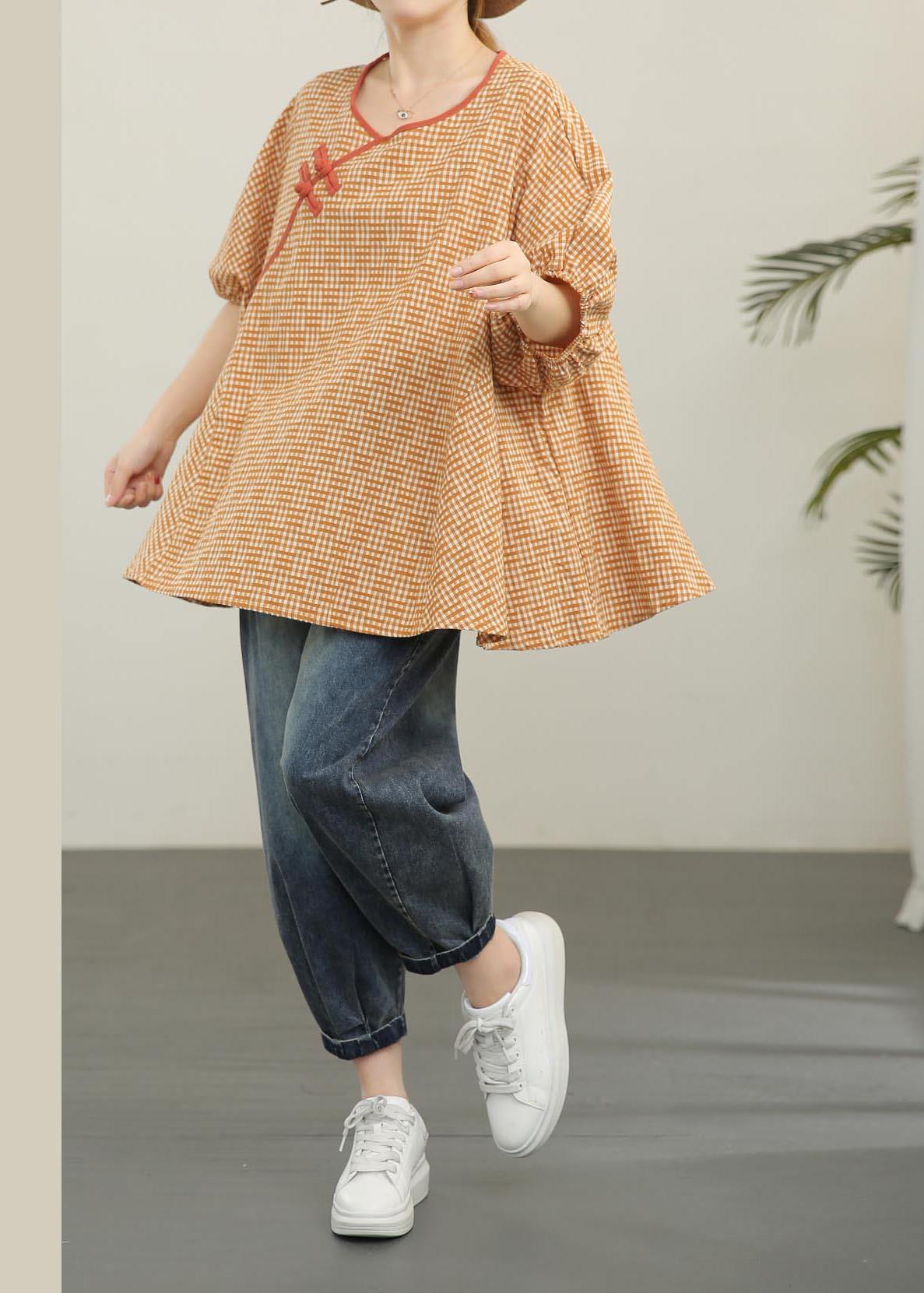 Loose Yellow Plaid Oriental Cotton Summer Tops - SooLinen