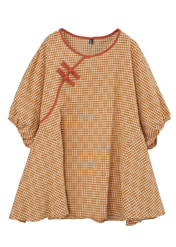 Loose Yellow Plaid Oriental Cotton Summer Tops - SooLinen