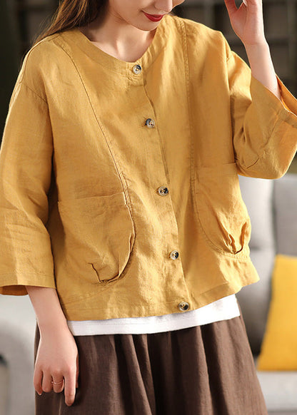 Loose Yellow Pockets Button Linen Blouses Long Sleeve