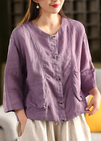 Loose Yellow Pockets Button Linen Blouses Long Sleeve