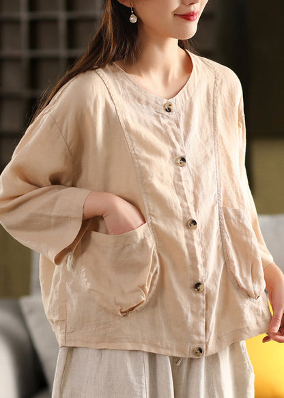 Loose Yellow Pockets Button Linen Blouses Long Sleeve