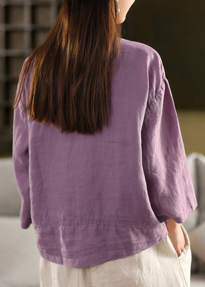 Loose Yellow Pockets Button Linen Blouses Long Sleeve