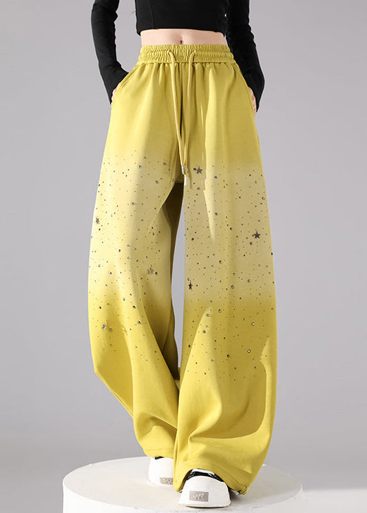 Loose Yellow Pockets Zircon Solid Wide Leg Pants Fall